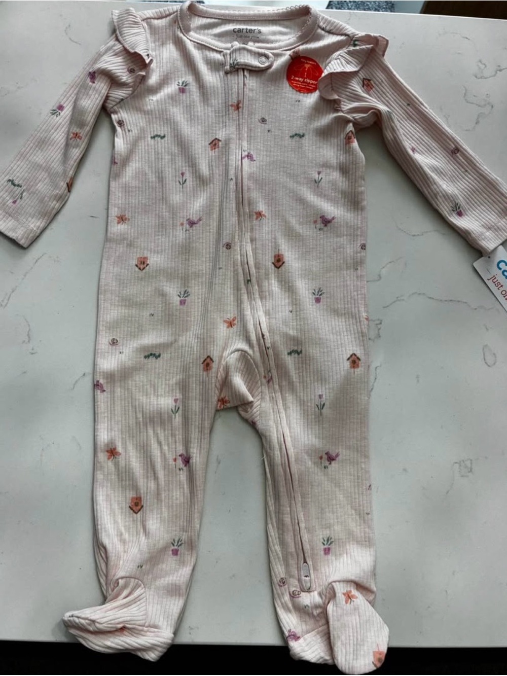 Carter's Light Pink Ribbed Floral Footed Pajamas